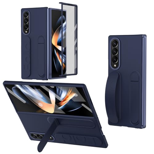 Coque Samsung Z Fold 4 bleue avec protection d'écran anti-choc et dragonne
