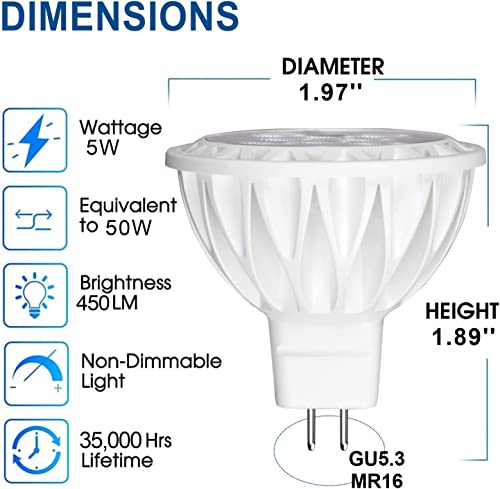 GOHDLAMP MR16 LED Bulbs Warm White GU5.3 Spot Light Bulb 6 Pack,12V 5W 2700K MR16 LED Bulb 2Pin 50W Halogen Equivalent 450Lm 38° Beam Angle Lamp Non-Dimmable,for Landscape Recessed and Track Lighting - Image 2