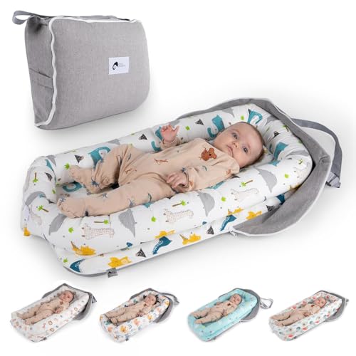 Image of Joyful Journeys Baby Lounger Diaper Bag - Portable Nest & Organizer | Versatile Infant Bag for Convenience | Baby Shower Gifts (Blue Dinosaur)