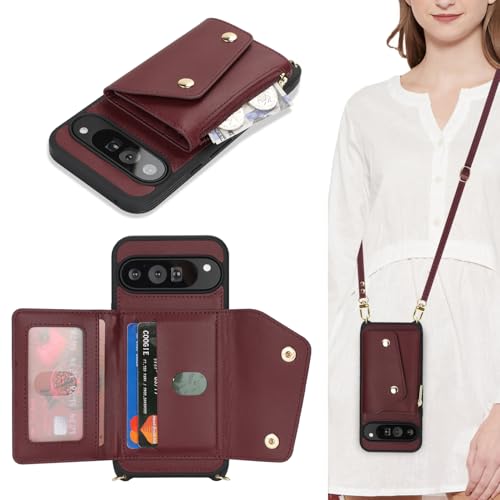 Lipvina Étui Google Pixel 9 Pro XL avec Porte-Cartes et Bandoulière Rouge Vin