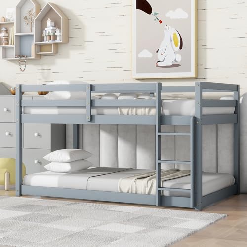 ZJIAH Twin Over Twin Floor Bunk Bed with Ladder and Safety Guardrails, Solid Wood Low Bunk Beds Frame for Teens and Adults, Easy to Assemble, Saving Space, No Box Spring Needed, Gray