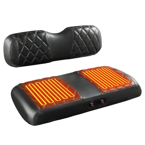 NOKINS Heated Golf Cart Seat Covers Kit - 3-Speed Heating 5-Min Quick Warm-Up 12V Power with Converter Black and Black Stitching (Fits EZGO TXT 1994-2013/EZGO RXV OEM Standard Front Seat Cushion)