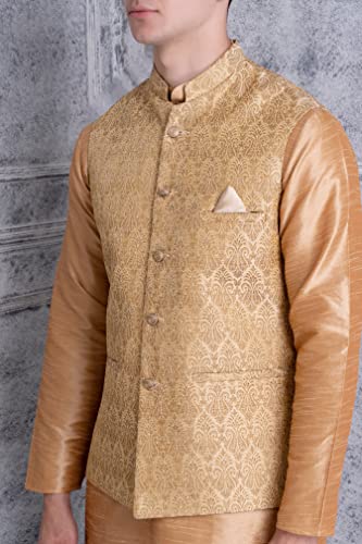 Image of Uri and MacKenzie Men's Silk Blend Regular Kurta Churidar Pyjama with Bundi Nehru Jacket /Waistcoat