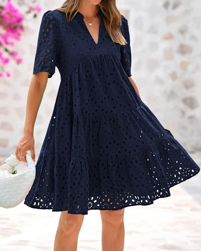 Image of BTFBM Womens Boho Summer Dresses 2026 Spring V Neck Short Sleeve Hollow Out Lace Ruffle Casual Beach Mini Vacation Dress