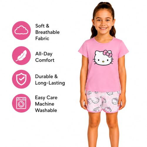 Image of Hello Kitty Girls Short Set - 2 Piece Short Sleeve Graphic Tee and Shorts Clothing Outfits (Sizes: 2T-12)
