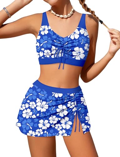 Girls Swimsuit Bathing Suits 3 Piece Tropical Floral V Neck Bikini Sets with Cover Up Skirt 7-14t
