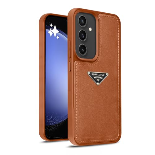 Image of Vaku Luxos Nyxen Back Cover Case for Samsung Galaxy S23 FE Premium Leather Stitched Soft Shockproof Protective TPU Phone Case Camera Screen Protector- Brown