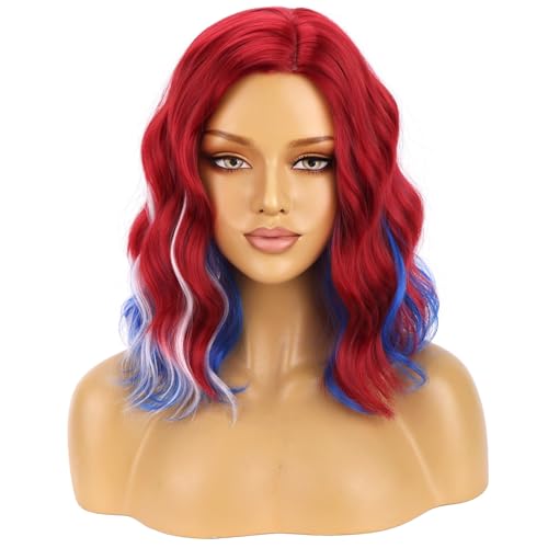 Image of BERON Red White and Blue Wigs for Women Fourth of July Costume Cosplay Wig Short Curly Wavy Colorful Girls Hair Wigs