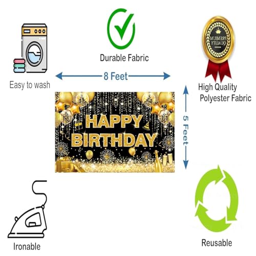 Image of DARSHANAM WORLD Birthday Decoration Backdrop Cloth Curtain (Pack of 1, Size: 5x8 Feet) Background Enhancer Poster,Happy Birthday Sign Theme-(Polyester) (Gold & Black)