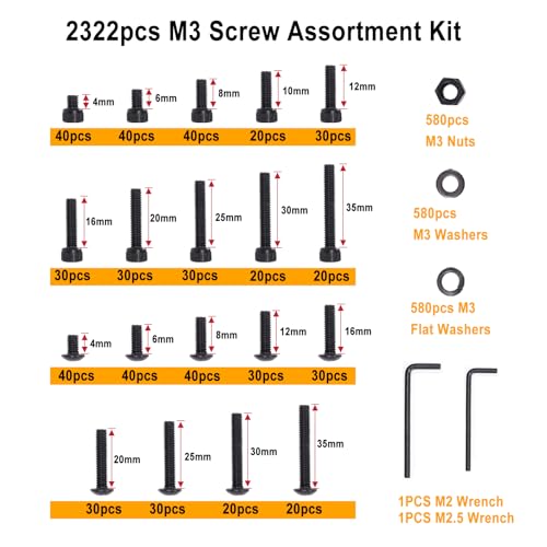 Image of weideer 2322pcs Metric Screws Assortment,M3 Screw Assortment Kit,M3x4MM-35MM,12.9 Alloy Steel Hex Socket Head 10.9 Alloy Steel Hex Button Head,Bolts Nuts and Washers with Allen Wrench for 3D Printing