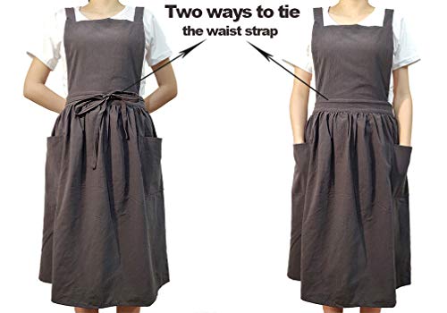 Losofar Women Girls Vintage Apron Adjustable Gardening Works Cross Back Cotton/Linen Blend Aprons Pinafore Dress With Two Pockets (Grey, One Size) #TOP5