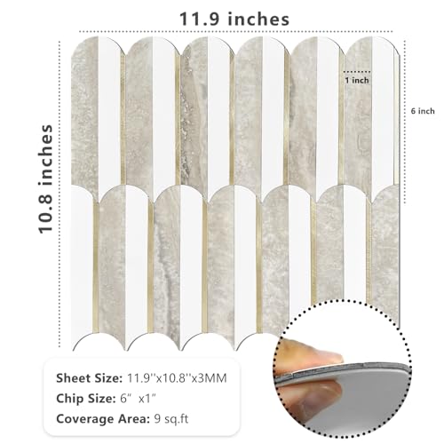 Vamos Peel and Stick Backsplash Seamless Tile for Kitchen and Bathroom,White and Beige Slate PVC Mixed Light Gold Self Adhesive Fish Scale Metal Mosaic Tiles (10 Sheets)