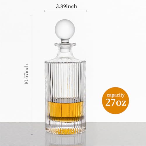 Image of Whiskey Decanter and Glass Stopper 27 oz Round Ribbed Decanter for Whiskey, Bourbon, Brandy, Liquor, and Rum