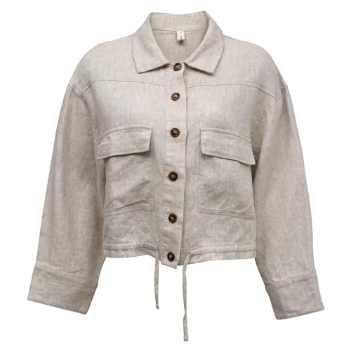 Amazhiyu Womens 100% Linen Crop Cargo Jacket Button Down Long Sleeve Coat Casual4