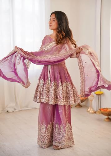 Image of Women's Embroidered Peplum Kurta Palazzo Dupatta Set | Ethnic 3 Piece Suit Set