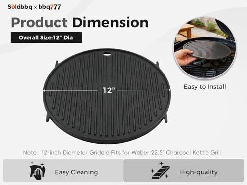 8834 Cast Iron Griddle for Weber Gourmet BBQ System Sear Grate, Griddle for 22-inch Weber Kettle Premium/Charcoal Grill 22" Smokers, for Kettle Charcoal Grill Grate 22 inch Diameter 12"