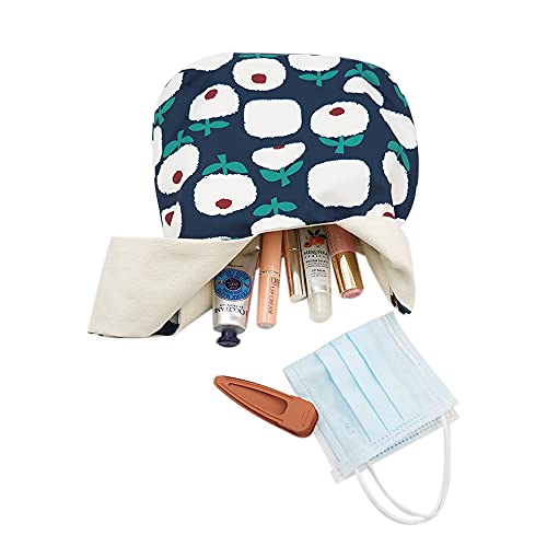 Image of Stylish Cotton Japanese Pattern Wrist Bag Sleeve Knot Pouch Portable Canvas Tote Purse for Female, Women (Navy Blue Apple Flower)