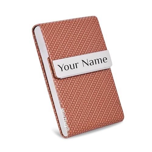 Image of Mini2buy Customized Unisex Vertical Card Holder Name Engraved for Credit|Debit|ATM|Business Visiting RFID Blocking Stainless Steel (1 x 10 x 6 cm) Personal Corporate Gift (S-Brown)