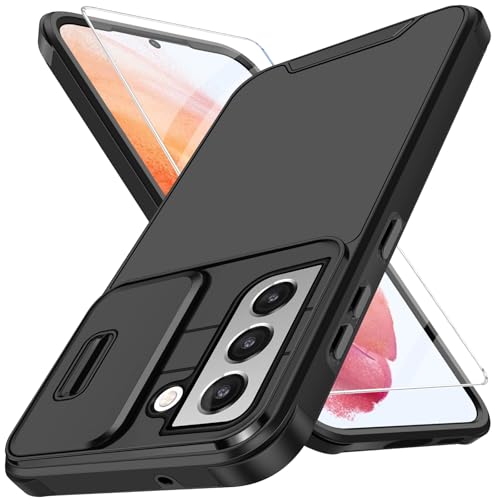 Handyhülle für Samsung Galaxy S21 Hülle mit Schutzfolie Und Slide Camera Cover Kameraschutz, Schutzhülle Militärschutz Stoßfeste Kratzfeste Panzerhülle für Samsung S21 5G Cover (Schwarz)