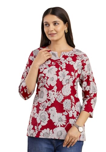 Image of Women's Floral Print Tunic Top, 3 /4 Sleeve, V-Neck, Casual Wear