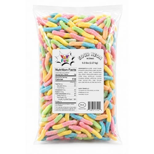 Halal Sour Neon Gummy Worms - 5 lbs bulk Fruity, Soft, Sweet & Sour Neon Gummy Worms, Gift Snacks, Party Favors, Goodie Bags, Sour Candy,5 Pound (Pack of 1)