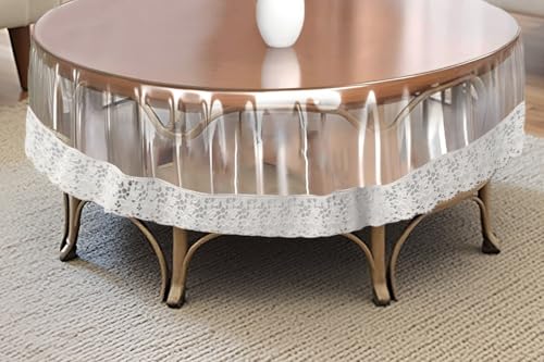 Image of The Furnishing Tree Round Shaped Center Transparent Table Cover WxL 36x36 inches 0.25 mm Thickness with White Lace