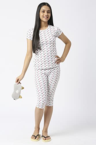 Image of SINI MINI Round Neck with Half Sleeve Top & Capri Beige Girls Casual Pack of 1 Night Suit Set