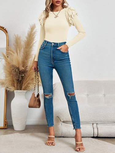 Image of Tankaneo Womens Ruffle Long Sleeve Shirts Fitted Ribbed Knit Tops Fall Casual Crew Neck Tees