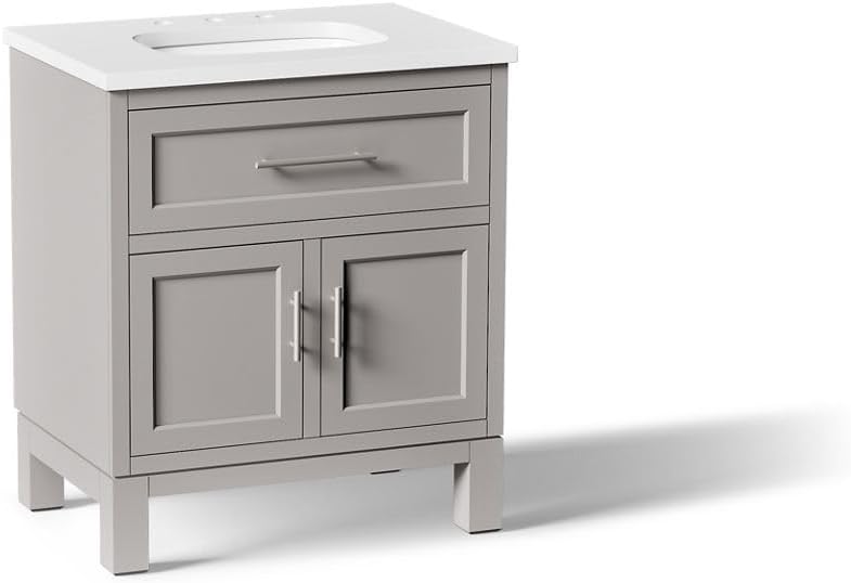 Kohler Quo 30 Inch Bathroom Vanity Cabinet with White Sink and Quartz Top, Modern Bathroom Storage, Mohair Grey, K-28380-ASB-1WT