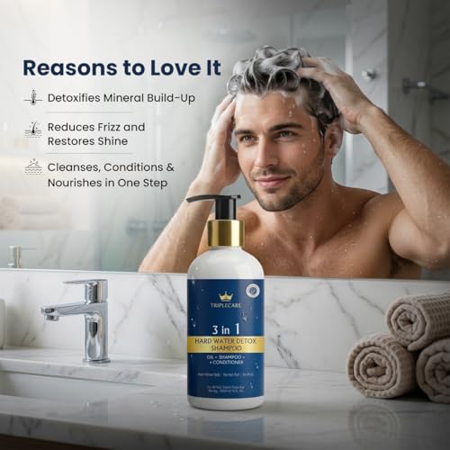 Image of 3-in-1 Hard Water Detox Shampoo+Conditioner+Oil 200ml for Men & Women | Reduces Mineral Build-Up Frizz & Hair Breakage | Disodium EDTA Argan Jojoba & Coconut Oil | Sulphate & Paraben Free