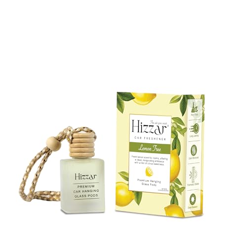 Image of Lemon Tree Car Perfume Hanging Pod 10ml | Natural Essential Premium Fragrance Oils in Glass Bottle with Wooden Diffuser Lid | Long Lasting Car Air Freshener Scent
