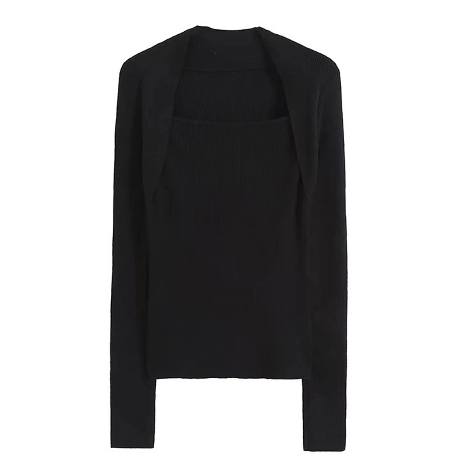 Damskie swetry damskie modne dopasowane przycięte zielone dzianinowe sweter vintage kwadratowy kołnierz długi rękaw damskie swetry eleganckie topy, Czarny, US-Size S