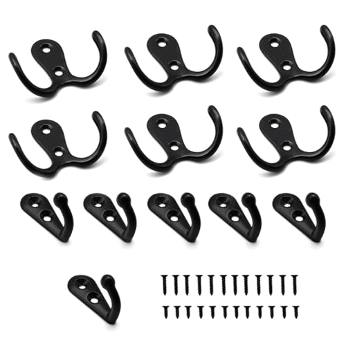 WJUAN 12 Stück Haken Schwarz, 6 Eins Kleiderhaken und 6 Doppelhaken mit 24 Schrauben, Zinklegierung Haken Schwarz zum Schrauben, für Badezimmer Küche Büro