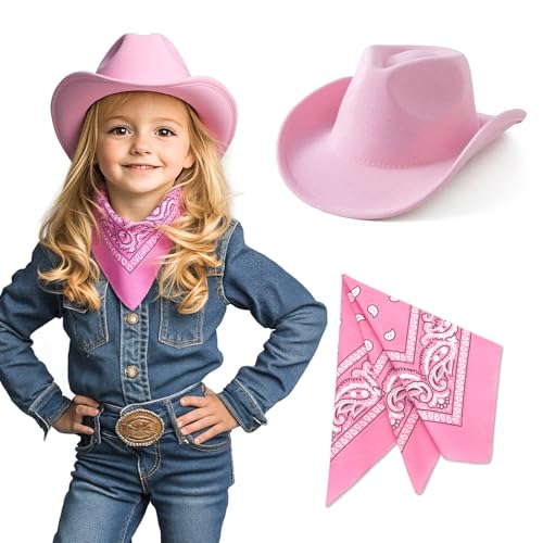 SeptCity Kids Cowboy Hat and Bandana for Age 5-10 Cowgirl Costume Set for Boys and Girls (Pink)
