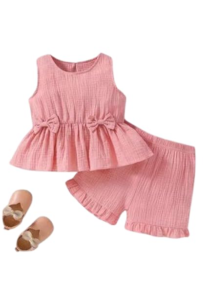 Kid Girl’s Pink Bow Design Sleeveles Top & Bottom Clothing Set