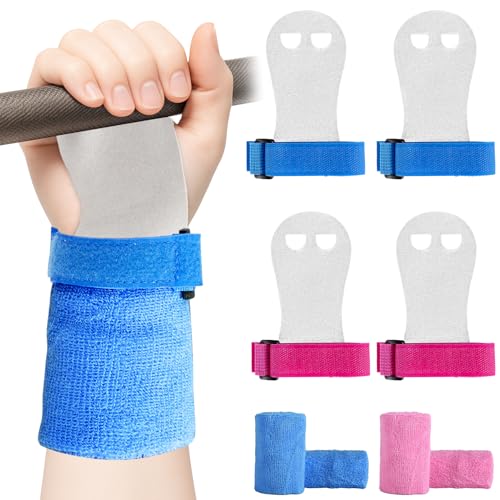 2 Pairs Gymnastics Hand Grips, Gymnastics Equipment for Kids, Gymnastics Wristbands Sets, Gymnastic Bar Grip Gloves and Gymnastics Wrist Support Sports Accessories for Workout Exercise, Blue, Pink