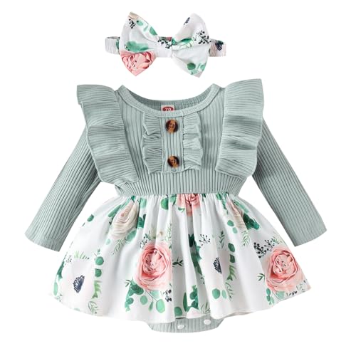Image of GDTOGRT Baby Girl Clothes Newborn Infant Outfits Ruffle Romper One-piece Bodysuit Clothing with Bow Headband Sets for Girls