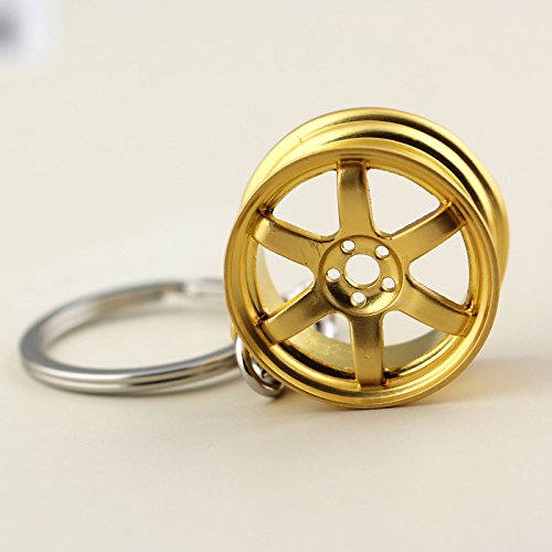 Image of maycom Creative Hot Auto Part Model TE37 Six Star Wheel Rim Tyre Keychain Keyring Key Chain Ring Keyfob Car Accessories (Gold)