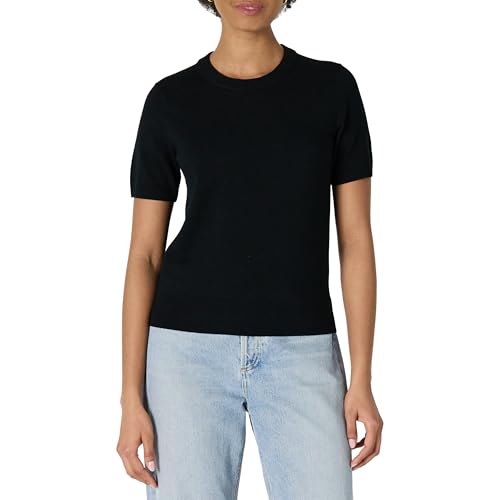 Amazon Essentials Women's Regular-Fit Short Sleeve Pullover Sweater Top, Black, Small