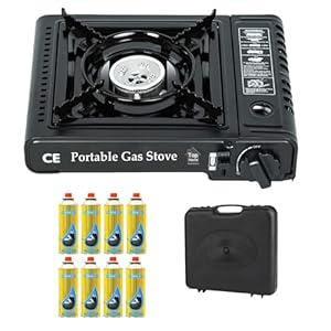 Camping Stove – Portable Gas Stove Black With Carry Case & 8 Butane Gas Canisters, Heat Control, EN417 Compliant, Auto Ignition, Camping Cooker for Picnic, Garden & Outdoor