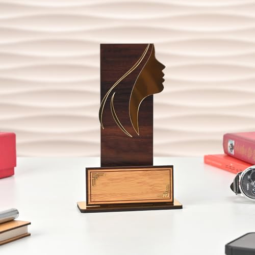 Image of GKD Wooden Women's Achievement Trophy | Female Excellence Award, Corporate Recognition Memento, Employee Appreciation Trophy, Leadership Award | Self-Customizable with Stickers (Brown Wood Finish)