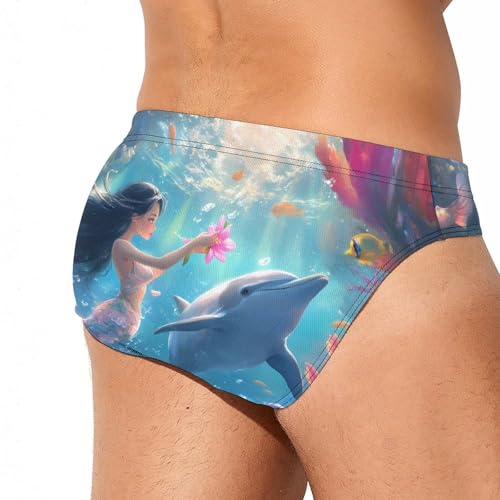Mermaid and Whale Printed Swim Briefs for Men Sexy Bikini Swimwear Elastic Beach Trunks Bathing Suit4