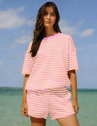 Image of Ythomm Striped Pajamas Shorts Sets Women 2 Piece Lounge Outfits Short Sleeve Tees Drawstring Shorts Summer Matching Pj Sets