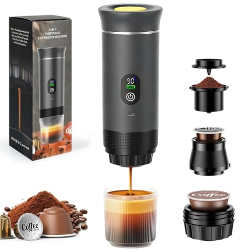 NICEWAT 3 in 1 12V Akku Kaffeemaschine Tragbare Auto Espressomaschine mit USB Mini Kaffeemaschine Reise Kaffeemaschine Kompatibel mit kapsel und gemahlener Kaffee für camping wohnmobil gadget
