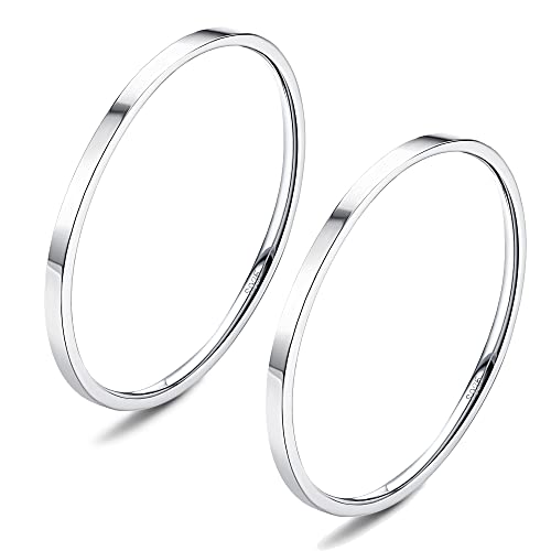Diamday S925 Sterling Silver Rings for Women Men 18K White Gold Filled Thumb Ring, Silver Band Stackable Statement Knuckle Thin Plain Ring Size 6, 2Piece