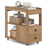 Giantex Narrow End Table, Modern 2-Drawer Sofa Side Table with Open Shelves, Rolling Nightstand Storage Organizer with Lockable Universal Casters for Living Room Bedroom Home Office (Natural)
