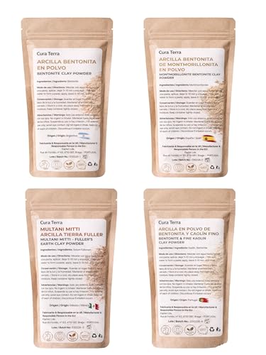 Pack de 4 Arcillas Naturales Cosméticas con Bentonita – Argentina, España, Multani Mitti y Caolín – 4×50 g – Mascarillas Faciales y Cuidado de la Piel