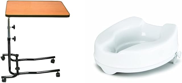 Days Overbed Table, Portable Desk with Castor Wheels, Teak and Black & Homecraft Savanah Raised Toilet Seat without Lid, Elongated & Elevated Lock Seat Support for Elderly, White Colour