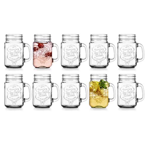 Glaver'S Set Of 10 Ice Cold 16 Oz. Mason Drinking Glasses With Handles. Quality Refreshing Ice Cold Embossed Logo Jars For Beverages thumb #7