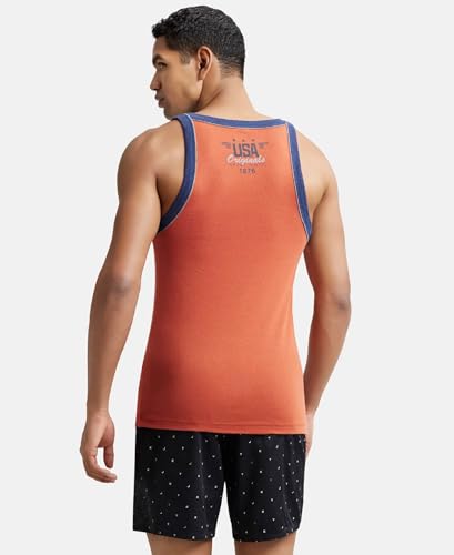 Image of Jockey US54 Men's Super Combed Cotton Rib Square Neckline Gym Vest with Back Panel Graphic Print (Shoulder Starp Color May Vary)